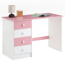 Bureau ARNE pour enfant ou adulte multi rangements avec 4 tiroirs en pin massif lasuré blanc et rose