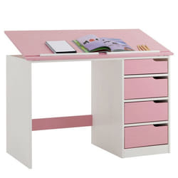 Bureau enfant écolier junior EMMA pupitre inclinable avec 4 tiroirs en pin massif lasuré blanc et rose