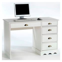 Bureau COLETTE rangement avec 5 tiroirs et poignées coquille en pin massif lasuré blanc