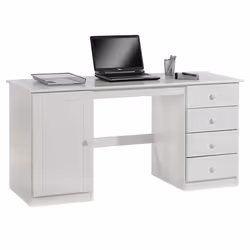 Bureau MANAGER L 145 cm en bois massif lasuré blanc espace de rangement avec 4 tiroirs et 1 placard