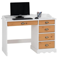 Bureau COLETTE rangement avec 5 tiroirs et plateau avec corniche en pin massif lasuré blanc et brun