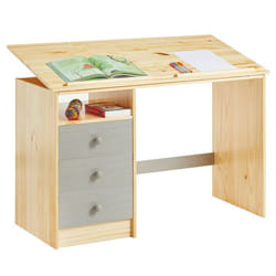 Bureau enfant écolier junior KEVIN pupitre inclinable avec 3 tiroirs 1 casier en pin massif vernis naturel et lasuré gris