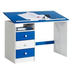 Bureau enfant écolier junior KEVIN pupitre inclinable avec 3 tiroirs 1 casier en pin massif lasuré blanc et bleu