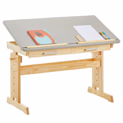 Bureau enfant écolier junior OLIVIA table à dessin réglable en hauteur et pupitre inclinable 2 tiroirs en pin massif naturel/ ...