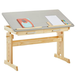 Bureau enfant écolier junior OLIVIA table à dessin réglable en hauteur et pupitre inclinable 2 tiroirs en pin massif naturel/gris