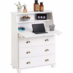 Bureau secrétaire - IDIMEX - GOMES - Pin massif lasuré blanc - Rangement avec abattant étagère et 3 tiroirs
