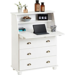Bureau secrétaire - IDIMEX - GOMES - Pin massif lasuré blanc - Rangement avec abattant étagère et 3 tiroirs