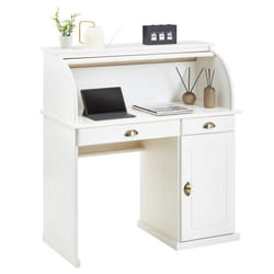 Bureau secrétaire TOM avec volet roulant rangement 2 tiroirs et 1 porte avec étagère en pin massif lasuré blanc