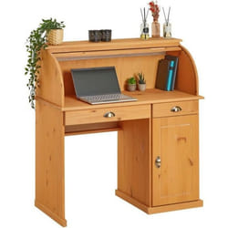 Bureau secrétaire TOM avec volet roulant rangement 2 tiroirs et 1 porte avec étagère en pin massif lasuré brun