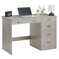 Bureau LANA avec rangement 5 tiroirs et poignées en forme de coquille en pin massif lasuré gris