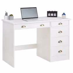 Bureau LANA avec rangement 5 tiroirs et poignées en forme de coquille en pin massif lasuré blanc