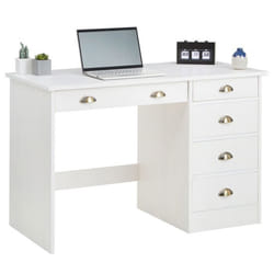 Bureau LANA avec rangement 5 tiroirs et poignées en forme de coquille en pin massif lasuré blanc