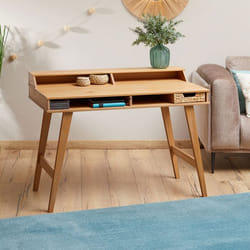 Bureau secrétaire LUNA avec niches 110 x 84 x 54 cm En bois de pin massif Rangement élégant et compact Petit bureau Brun
