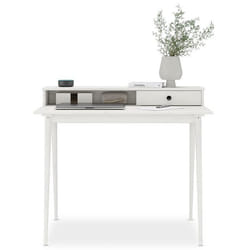 Bureau MALINA secrétaire en bois massif blanc avec rangement étagère et 1 tiroir design minimaliste 100 x 75 cm