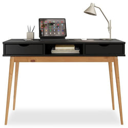 Bureau STEFANO en pin massif avec 2 tiroirs et 1 niche intégrée lasuré noir/chêne