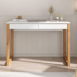 Bureau en bois avec 2 tiroirs NOAH design scandinave en pin massif coloris blanc et chêne