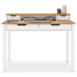 Bureau RAUL L 114 cm en bois massif coloris blanc et chêne avec quatre tiroirs et une niche réhausse écran intégrée