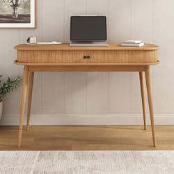 Bureau JARI en bois massif coloris chêne 113 x 75 x 50 cm façade cannelée rangement avec porte coullisante