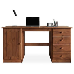 Bureau MANAGER L 145 cm en bois massif coloris brun foncé espace de rangement avec 4 tiroirs et 1 porte battante