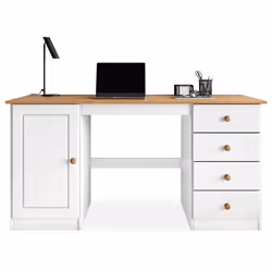 Bureau MANAGER L 145 cm en bois massif coloris blanc et chêne espace de rangement avec 4 tiroirs et 1 porte battante
