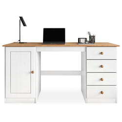 Bureau MANAGER L 145 cm en bois massif coloris blanc et chêne espace de rangement avec 4 tiroirs et 1 porte battante
