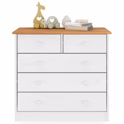 Commode de chambre RONDO meuble de rangement avec 5 tiroirs en pin massif lasuré blanc et brun