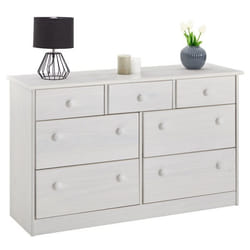 Commode RONDO bahut buffet meuble de rangement avec 3 petits et 4 grands tiroirs en pin massif lasuré blanc
