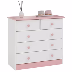 Commode de chambre RONDO meuble de rangement avec 5 tiroirs en pin massif lasuré blanc et rose