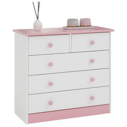 Commode de chambre RONDO meuble de rangement avec 5 tiroirs en pin massif lasuré blanc et rose