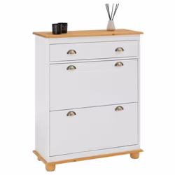 Meuble à chaussures COLMAR armoire rangement avec 2 abattants et 1 tiroir en pin massif lasuré blanc et brun