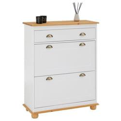 Meuble à chaussures COLMAR armoire rangement avec 2 abattants et 1 tiroir en pin massif lasuré blanc et brun