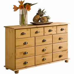 Commode COLMAR chiffonnier apothicaire rangement avec 11 tiroirs en pin massif finition teintée/cirée