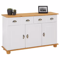 Buffet salle à manger COLMAR en bois massif L116 cm avec 3 portes battantes et 2 tiroirs spacieux blanc et brun