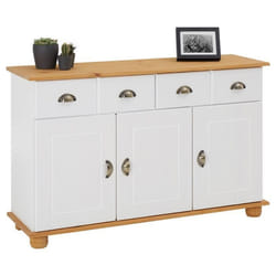Buffet salle à manger COLMAR en bois massif L116 cm avec 3 portes battantes et 2 tiroirs spacieux blanc et brun