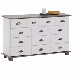 Commode COLMAR chiffonnier apothicaire rangement avec 11 tiroirs en pin massif lasuré blanc et taupe