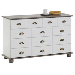 Commode COLMAR chiffonnier apothicaire rangement avec 11 tiroirs en pin massif lasuré blanc et taupe