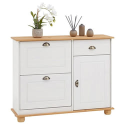 Meuble à chaussures COLMAR armoire rangement avec 2 abattants 1 tiroir et 1 porte avec 1 étagère en pin massif lasuré blanc et