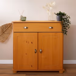 Buffet COLMAR commode bahut vaisselier meuble bas rangement avec 1 tiroir et 2 portes en pin massif teinté et ciré