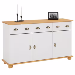 Buffet salle à manger COLMAR en bois massif L 134 cm avec 3 portes battantes et 3 tiroirs spacieux blanc et brun