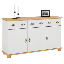 Buffet salle à manger COLMAR en bois massif L 134 cm avec 3 portes battantes et 3 tiroirs spacieux blanc et brun