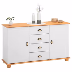 Buffet salle à manger COLMAR en bois massif L 133 cm avec 2 portes battantes et 4 tiroirs spacieux blanc et brun
