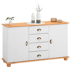 Buffet salle à manger COLMAR en bois massif L 133 cm avec 2 portes battantes et 4 tiroirs spacieux blanc et brun