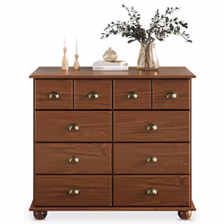 Commode chambre COLMAR L 92 cm 8 tiroirs en bois massif brun foncé chiffonnier apothicaire rangement avec poignées en métal