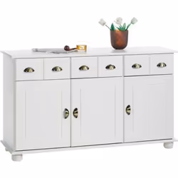 Buffet COLMAR commode bahut vaisselier meuble bas rangement avec 3 tiroirs et 3 portes en pin massif lasuré blanc