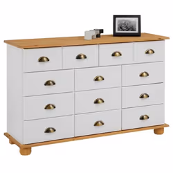 Commode COLMAR chiffonnier apothicaire rangement avec 11 tiroirs en pin massif lasuré blanc et brun
