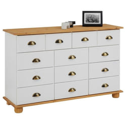 Commode COLMAR chiffonnier apothicaire rangement avec 11 tiroirs en pin massif lasuré blanc et brun