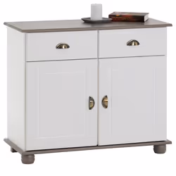 Buffet COLMAR commode bahut vaisselier meuble bas rangement avec 2 tiroirs et 2 portes en pin massif lasuré blanc et taupe