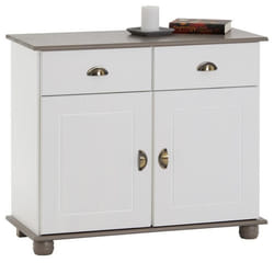 Buffet COLMAR commode bahut vaisselier meuble bas rangement avec 2 tiroirs et 2 portes en pin massif lasuré blanc et taupe