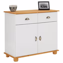 Buffet salle à manger COLMAR en bois massif L 94 cm avec 2 portes battantes et 2 tiroirs spacieux blanc et brun