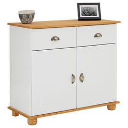 Buffet salle à manger COLMAR en bois massif L 94 cm avec 2 portes battantes et 2 tiroirs spacieux blanc et brun